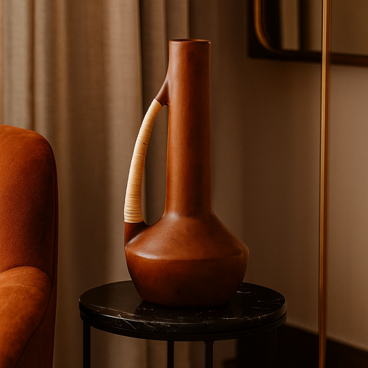 Rustic Terracotta Decorative Vase with Cane Handle